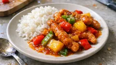 Schweinegeschnetzeltes süß-sauer mit Reis – in 25 Minuten auf dem Tisch