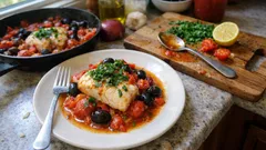 Schnelle Kabeljau-Pfanne mit Tomaten und Oliven – leichtes Abendessen in 20 Minuten