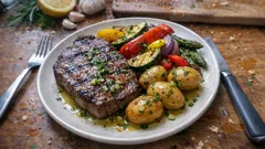Gegrilltes Steak mit buntem Gemüse – mit Zitronen-Kräuter-Öl und Ruhezeit-Trick