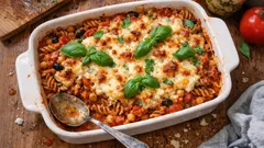 Mediterraner One-Pot-Pasta-Auflauf – Nudeln garen direkt in der Tomaten-Sahne-Sauce