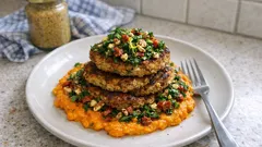 Haferbratlinge auf Möhrenstampf – mit zitroniger Tomaten-Nuss-Gremolata