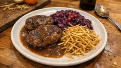 Weihnachtliche Buletten mit Preiselbeer-Rotkraut – mit knusprigem Kartoffelheu