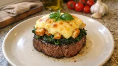 Gratiniertes Rindersteak mit Spinat & Raclettekäse – in 10 Minuten goldbraun