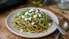 Vollkorn-Spaghetti mit grünem Pesto und Feta – in 20 Minuten herrlich cremig