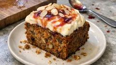 Saftiger Nuss-Möhrenkuchen mit Cremehaube – mit Orangen-Trauben-Sirup