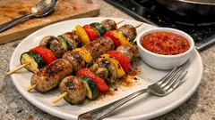 Bunte Würstchenspieße aus der Pfanne – mit schnellem Tomaten-Paprika-Ketchup