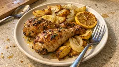 Knoblauchhähnchen vom Blech: mit Zitrone, Thymian und goldenen Kartoffeln aus dem Ofen