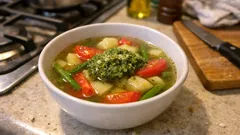 Klare Tomaten-Gemüsesuppe mit Bohnen und Kartoffeln – getoppt mit Rucola-Parmesan-Pesto