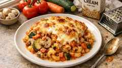 Vegetarischer Makkaroni-Gemüse-Auflauf – Tomatensauce, Hafersahne und goldene Mozzarella-Kruste