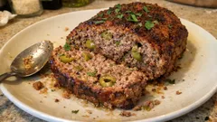 Saftiger Hackbraten aus dem Ofen – mit Senf, Kräutern und grünen Oliven