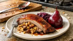 Festtagsgans aus dem Ofen: gefüllt mit Maronen & Äpfeln, dazu Rotkohl und Rotweinbirnen