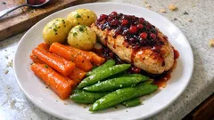 Glasierte Möhrchen mit Zuckerschoten – mit Hähnchen und Preiselbeer-Balsamico-Sauce