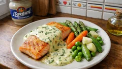 Gebratener Lachs mit Frühlingsgemüse und Basilikum-Weißwein-Sauce – schnell gemacht