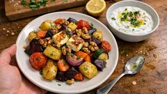 Ofengemüse vom Blech mit Feta – dazu ein frischer Joghurt-Dip (einfach & sättigend)