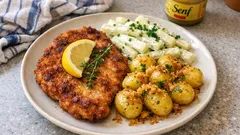Minutenschnitzel mit Kohlrabi in Joghurt-Zitronen-Sauce – dazu knusprige Bröselkartoffeln