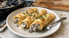 Herzhafte Pfannkuchen mit cremiger Champignon-Sahne-Füllung – einfach eingerollt