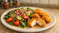 Erdbeer-Avocado-Salat mit knusprigen Hähnchen-Nuggets – mit Ingwer-Zitronen-Dressing