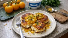 Quarkbratlinge mit Emmentaler – knusprig aus der Pfanne, mit gelber Tomatensauce