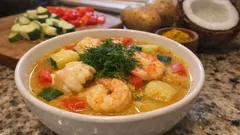 Curry-Gemüsesuppe mit Meeresfrüchten: cremig durch den kleinen Pürier-Trick