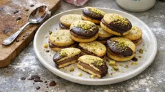 Schoko-Pistazien-Doppelkekse: mürber Teig, Nougatfüllung und Zartbitterüberzug