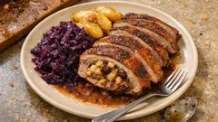 Knusprige Ente mit Apfelfüllung im Bräter – dazu Rotkohl mit Rotwein