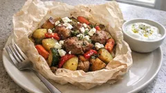 Saftiges Schweinefleisch im Backpapier-Päckchen – mit Ofengemüse und Feta überbacken