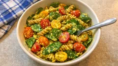 Cremiger Vollkorn-Nudelsalat mit Spinat & Tomaten – mit Cashew-Zitronen-Dressing