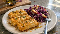 Knusprige Feta-Päckchen aus Filoteig – mit Apfel-Rotkohl-Salat und Ahornsirup