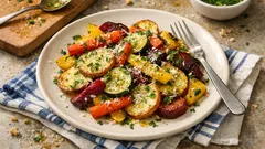 Würziges Ofengemüse vom Blech – mit Kräuter-Vinaigrette und Parmesan