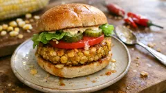 Veganer Tex-Mex-Burger: saftige Hafer-Mais-Patties mit Chili und Tomaten-Sauce