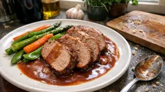 Kalbsrahmbraten aus dem Ofen: zart geschmort in Rotwein-Fond und mit Frühlingsgemüse