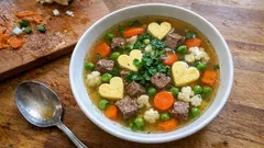 Klassische Hochzeitssuppe wie früher – klare Rinderbrühe mit Eierstich und Gemüse
