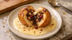 Bratapfel mit Nussfüllung und luftiger Vanillesauce – so gelingt er im Ofen