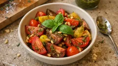 Tomatensalat mit Pesto: so wird er in 10 Minuten richtig aromatisch (mit gerösteten Pinienkernen)