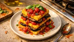 Vegane Polenta-Auberginen-Lasagne aus dem Ofen – als knusprige Türmchen geschichtet