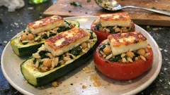 Gefüllte Zucchini & Tomaten aus dem Ofen – mit Orzo, Kichererbsen und Halloumi