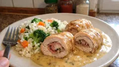 Saftige Putenrouladen mit Gurkenfüllung – schnell mit Gemüse-Reis und milder Sauce