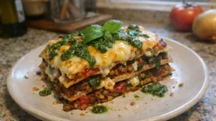 Vegetarische Gemüse-Lasagne mit Linsen & Spinat-Basilikum-Pesto – schön saftig aus dem Ofen