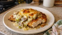 Überbackene Hähnchenschnitzel mit Lauch-Champignon-Soße – einfach aus dem Ofen