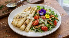 Spargel vom Ofengrill: mit Kräutersalat und cremigem Joghurt-Senf-Dressing