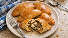 Gebackene Teigtaschen mit Hähnchen: knusprig außen, saftig innen – aus Dinkel-Hefeteig