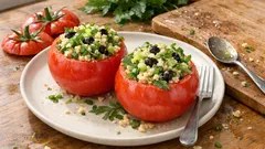 Gefüllte Tomaten mit Bulgur: leichtes Sommergericht mit Rucola und Oliven