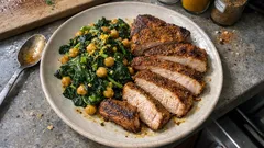 Orientalischer Spinat mit Kichererbsen – dazu saftige Curry-Koteletts aus der Pfanne
