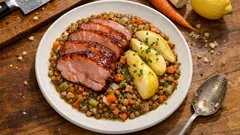 Saftiger Schinkenbraten mit Linsengemüse – Birnen aus der Pfanne als feiner Twist