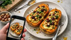 Gefüllter Butternusskürbis aus dem Ofen – mit Kichererbsen-Tofu-Creme, Haselnüssen & Cranberrys