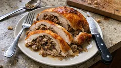 Festtagsbraten aus junger Pute: saftig gefüllt mit Hack, Champignons und Kräutern
