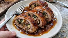 Festtagsgans mal anders: knusprige Gänserolle mit Hack, Äpfeln und Grünkohl