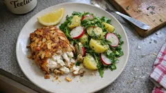 Backfisch in Mandelpanade – so wird Kabeljau knusprig, dazu Kartoffel-Radieschen-Salat