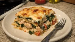 Cremige Hähnchen-Spinat-Lasagne mit Tomaten – unkompliziert aus dem Ofen
