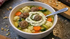 Gemüsesuppe mit Hackbällchen – mit Dill-Crème fraîche und viel Gemüse